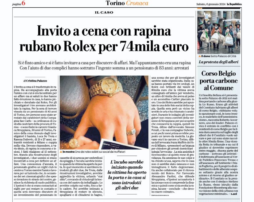Invito a cena con rapina rubano Rolex per 74mila euro